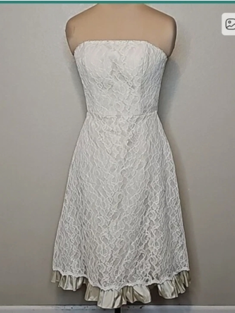 Mori Lee Strapless White Lace Mini Dress with Satin Ruffle Hem size 9 NWT